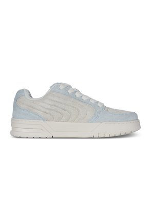 Light blue suede sneakers with white accents, textured side panels, and white laces. The sole is thick and slightly ribbed for grip.