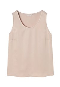 Beżowa satynowa bluzka bez rękawów z okrągłym dekoltem, gładką fakturą i luźnym krojem, rozmiar 42.