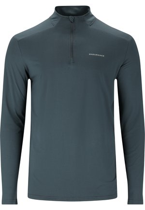 Mørkegrå langærmet pullover med lynlås i halsen, med en glat tekstur og et lille "ENDURANCE" logo på brystet.