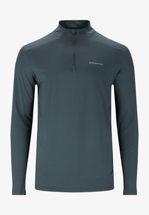 Tummanharmaa pitkähihainen pullover-paita, jossa on vetoketjukaulus. Paidassa on sileä pinta ja pieni "ENDURANCE"-logo rinnassa.
