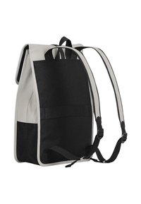 Backpack with a black and gray design, featuring a smooth exterior, adjustable straps, and a textured black panel. Simplistic and functional.