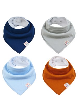 Four bibs in solid colors: navy, light gray, light blue, and orange. Each features a snap closure and a small label on one side. Cotton material.