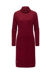Burgunderfarbenes Strickkleid mit einem Wasserfallkragen, langen Ärmeln und gerippten Akzenten an den Schultern und dem Saum; verfügt über ein kleines metallisches Logodetail.