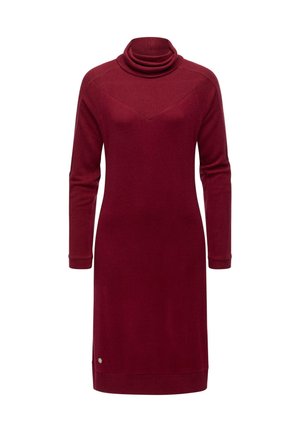 Burgunderfarbenes Strickkleid mit einem Wasserfallkragen, langen Ärmeln und gerippten Akzenten an den Schultern und dem Saum; verfügt über ein kleines metallisches Logodetail.