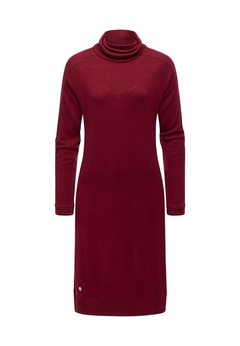 Burgunderfarbenes Strickkleid mit einem Wasserfallkragen, langen Ärmeln und gerippten Akzenten an den Schultern und dem Saum; verfügt über ein kleines metallisches Logodetail.