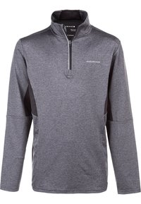 Grau melierter Quarter-Zip-Pullover aus feuchtigkeitsableitendem Material, mit schwarzen Seiteneinsätzen, langen Ärmeln und einem Logo auf der Brust.