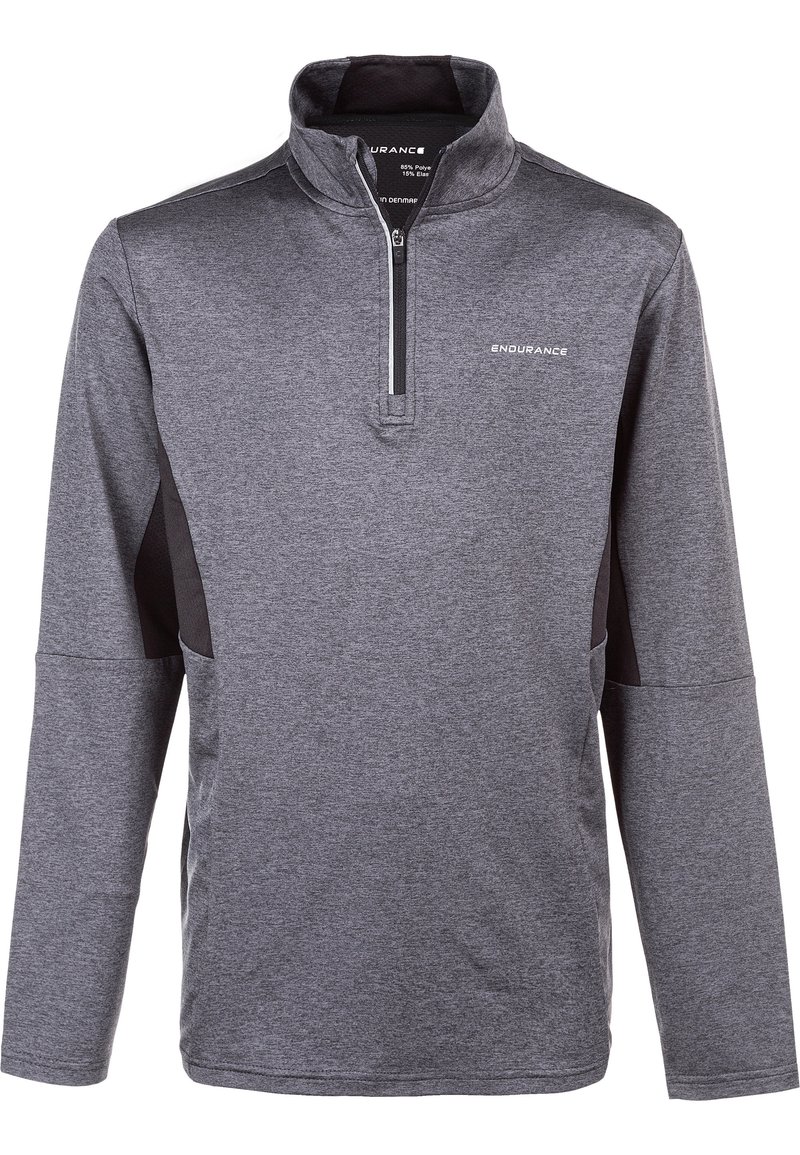 Grau melierter Quarter-Zip-Pullover aus feuchtigkeitsableitendem Material, mit schwarzen Seiteneinsätzen, langen Ärmeln und einem Logo auf der Brust.