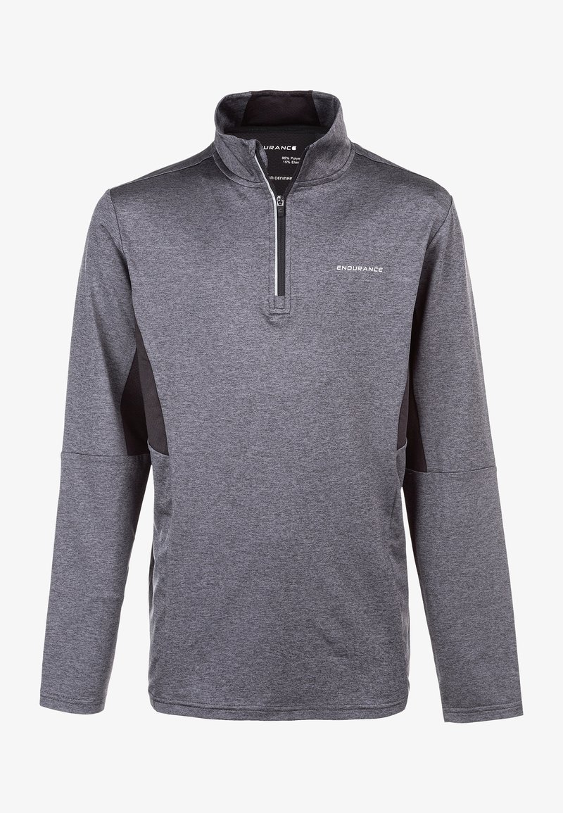Grau melierter Quarter-Zip-Pullover aus feuchtigkeitsableitendem Material, mit schwarzen Seiteneinsätzen, langen Ärmeln und einem Logo auf der Brust.