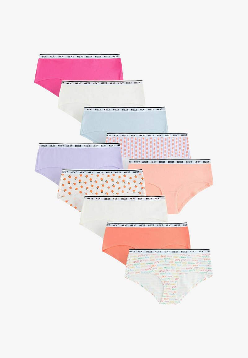 Neuf slips taille basse pour femmes de différentes couleurs et motifs, avec des ceintures blanches portant le texte "NEXT" en noir.