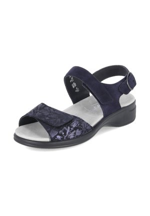 Sandale femme bleu marine à bout ouvert, avec des brides ajustables et une semelle basse rembourrée pour le confort et le soutien.