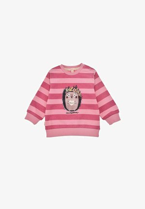 Rosa gestreiftes Sweatshirt mit rundem Hals, versehen mit einer Igelgrafik, die mit Blumen geschmückt ist, sowie dem Text "großartig" auf der Vorderseite.