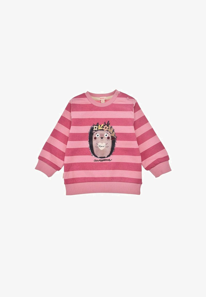 Sweatshirt rose à rayures avec un col rond, présentant un graphique de hérisson orné de fleurs et le texte « awesome » à l'avant.