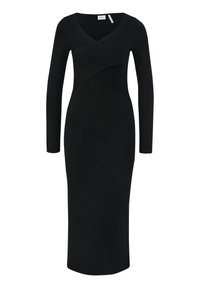 Schwarzes langärmliges Kleid mit V-Ausschnitt. Verfügt über ein geripptes Paneel, das den Oberkörper überkreuzt, eine figurbetonte Silhouette und eine Länge bis zur Mitte der Waden. Glatte Textur.