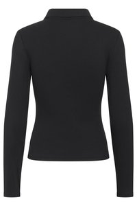 Black long-sleeve fitted top with high neck, plain back, and no visible embellishments or patterns.