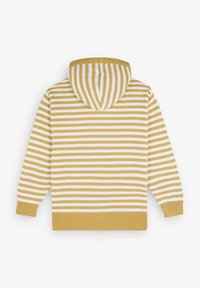 Sweat à rayures présentant des rayures horizontales alternées jaunes et blanches, avec une capuche assortie et des poignets et un ourlet côtelés.