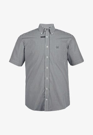 Camicia a maniche corte con bottoni, in un motivo a scacchi bianco e nero. Presenta una tasca, colletto e chiusura con bottoni bianchi.