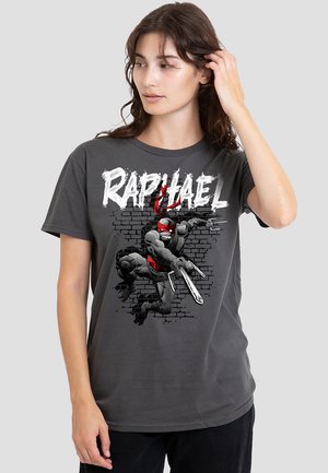 Gray cotton t-shirt featuring a graphic of a ninja character with red accents, displaying two weapons, against a brick wall background.