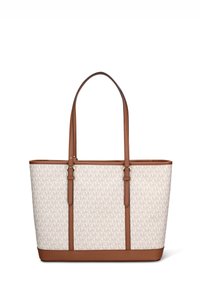 Borsa a mano con corpo in tela color crema decorato da un motivo ripetuto di logo marrone chiaro, finiture in pelle marrone e doppi manici per la spalla.