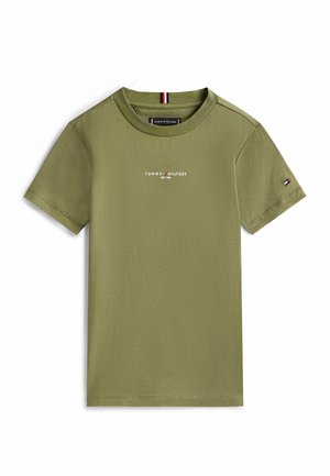 Olive green short-sleeve T-shirt with round neck, "Tommy Hilfiger EST. 1985" text on chest, and small flag logo on left sleeve.