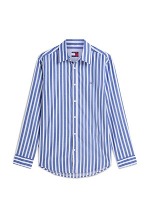 Blauw-wit gestreept overhemd met lange mouwen, knopen en kraag, met een kleine vlaglogo op de linkerborst.