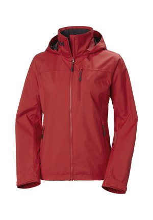 Rode waterdichte jas met een hoge kraag, verstelbare capuchon en twee met rits gesloten zakken. Heeft een gladde, glanzende textuur en zwarte ritsen.