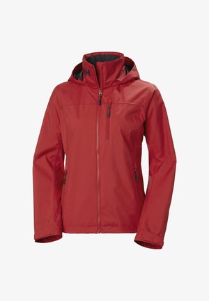 Rode waterdichte jas met een hoge kraag, verstelbare capuchon en twee met rits gesloten zakken. Heeft een gladde, glanzende textuur en zwarte ritsen.
