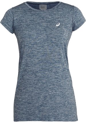 Blå meleret atletisk t-shirt med korte ærmer, en rund halsudskæring og lille hvid Asics-logo på venstre bryst.