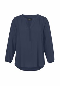 Dames blouse in marineblauw met lange mouwen, ronde halslijn, gespleten voorkant en lichte plooien op de schouders en manchetten.