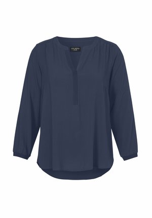 Damenbluse in Marineblau mit langen Ärmeln, Rundhalsausschnitt, geschlitzter Vorderseite und leichten Raffungen an Schultern und Manschetten.