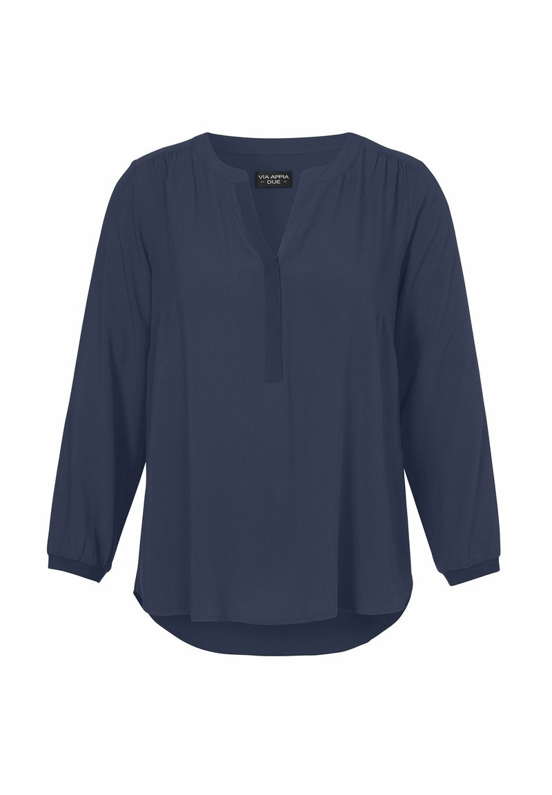 Dames blouse in marineblauw met lange mouwen, ronde halslijn, gespleten voorkant en lichte plooien op de schouders en manchetten.