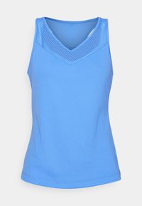 Canottiera atletica senza maniche azzurro chiaro con dettagli in rete sulla parte superiore del petto e sulle spalle.