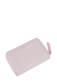 Light pink zip-around wallet made of textured material with a subtle logo on the front and a matching zipper pull.