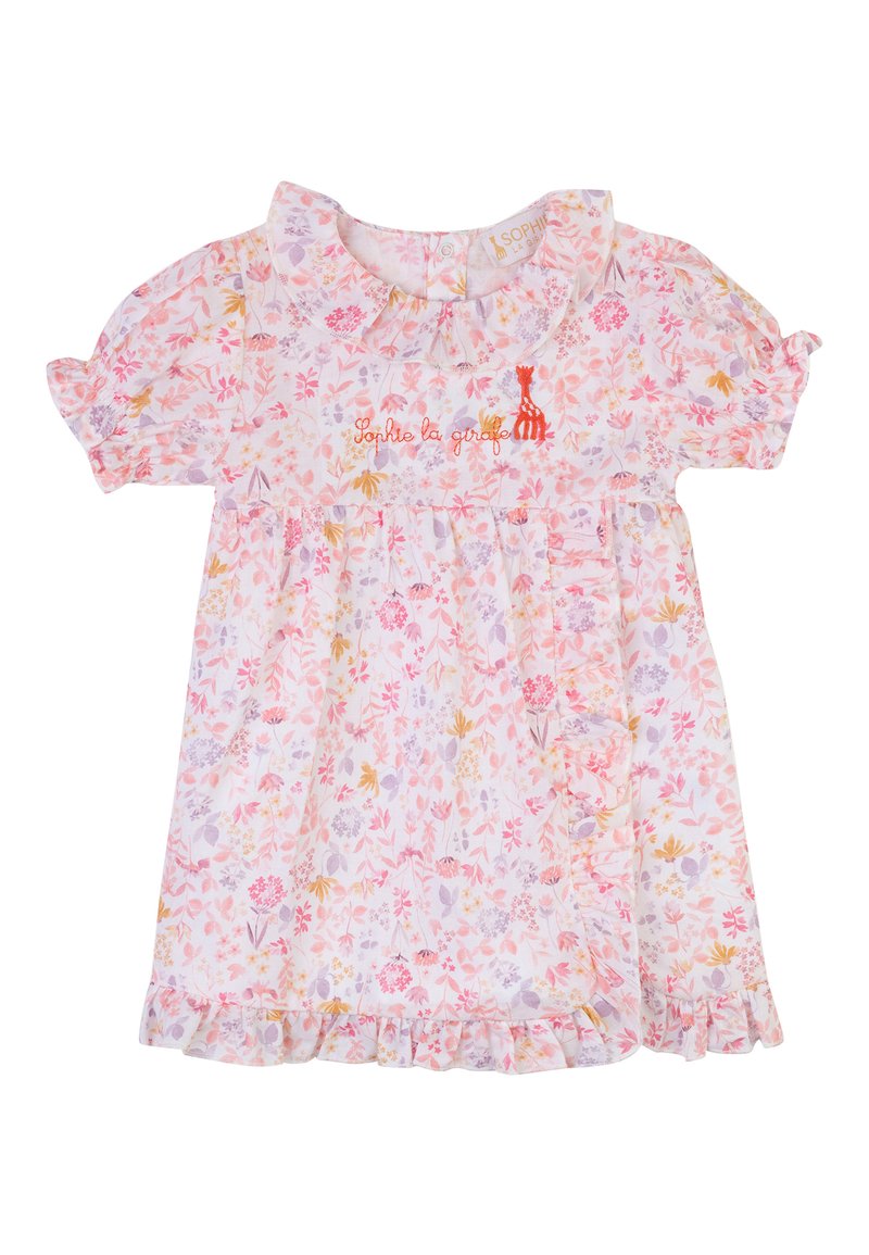 Abito floreale in morbido cotone con una palette di colori rosa e pastello, maniche a sbuffo corte, orlo arricciato e dettaglio di giraffa ricamato.