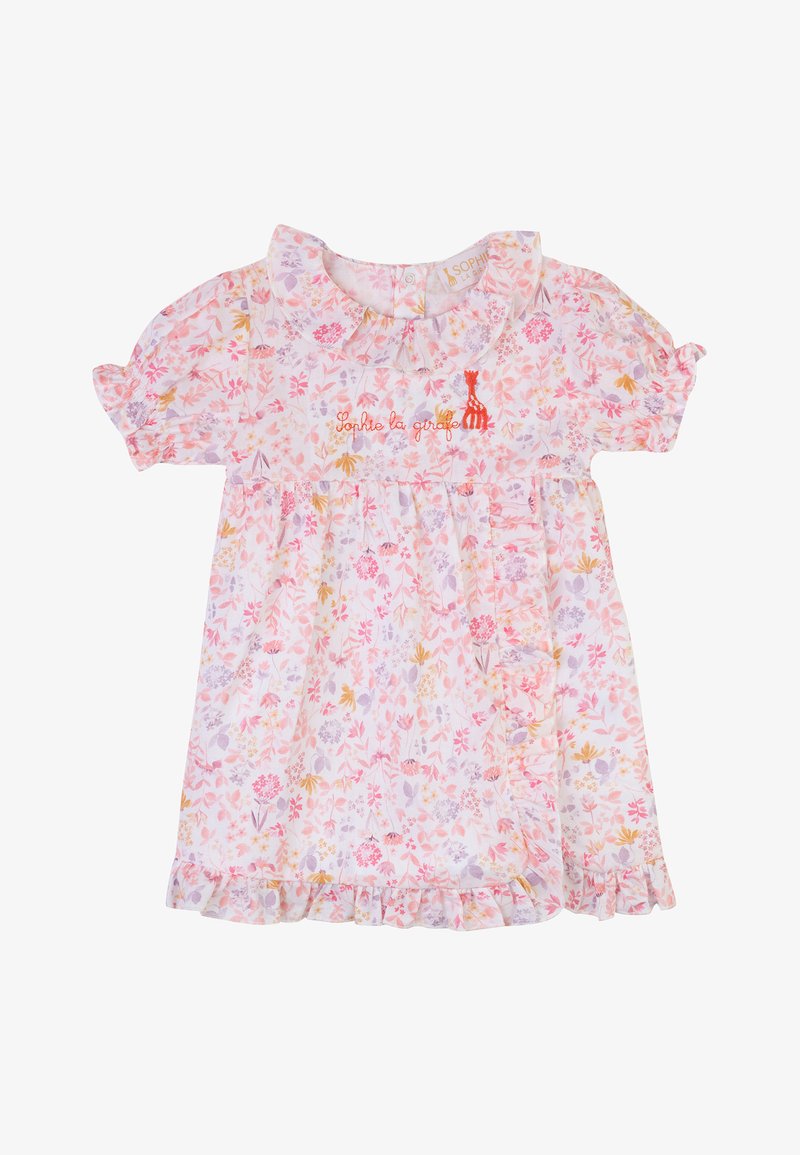Abito floreale in morbido cotone con una palette di colori rosa e pastello, maniche a sbuffo corte, orlo arricciato e dettaglio di giraffa ricamato.