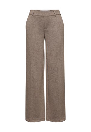 Pantaloni a gamba larga in un tessuto marrone texturizzato. Presentano una vita aderente e pieghe sottili. I bordi dell'orlo sono puliti e dritti.