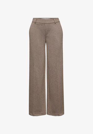 Pantalones de pierna ancha en una tela marrón texturizada. Presenta una cinturilla ajustada y pliegues sutiles. Los acabados del dobladillo son limpios y rectos.