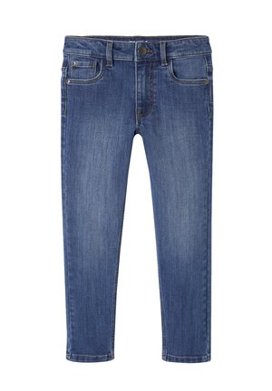 Blue slim-fit denim jeans with front pockets, belt loops, and a button closure, displayed flat on a white background.