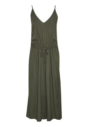 Olijfgroen mouwloos jurkje met een V-hals, getailleerde taille en verstelbare trekkoorden. Gemaakt van een zachte, gestructureerde stof met een relaxte pasvorm.