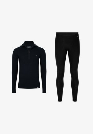 Top negro de manga larga con cuello con cremallera y leggings ajustados negros. Ambas prendas están hechas de una tela suave y elástica.