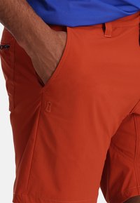 Pantaloni corti arancioni realizzati in tessuto leggero, con tasca laterale con zip, passanti per cintura e cuciture decorative all'orlo.