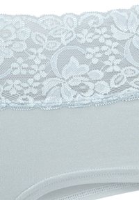 Svetlo modra intimna obleka z čipkastim vrhom, ki prikazuje cvetlične vzorce. Gladka tekstura spodnjega dela z našitimi robovi in brezšivno zasnovo.