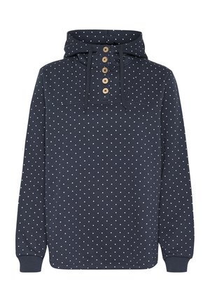 Sweat à capuche bleu marine avec des pois blancs, présentant une poche kangourou, un capuchon à cordon de serrage et cinq boutons en bois au col. Tissu doux.