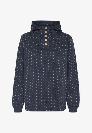 Granatowy hoodie w białe kropki, z kieszenią kangurzą, kapturem ze sznurkiem i pięcioma drewnianymi guzikami przy szyi. Miękka tkanina.