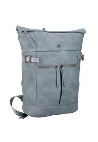 Grauer Leder-Rucksack mit strukturierter Oberfläche, Reißverschluss-Vorderfach, verstellbaren Riemen und einer quadratischen Öffnung an der Oberseite für einen einfachen Zugang.