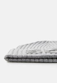 Folded gray ribbed knit beanie with a folded brim and embroidered letters on the cuff against a white background.