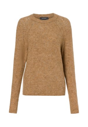 Bruine gebreide trui met een ronde hals, lange mouwen en subtiele textuur; heeft raglan naden en een klein logo-detail aan de zoom.