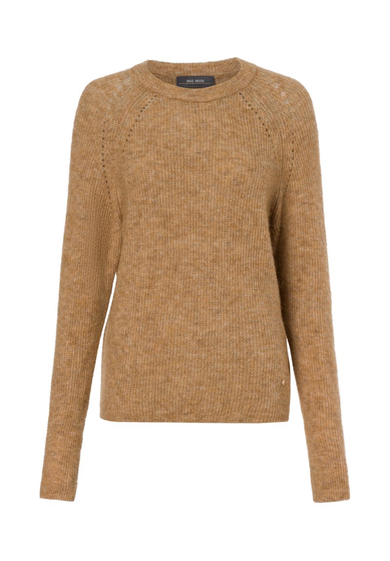 Brauner Strickpullover mit Rundhalsausschnitt, langen Ärmeln und subtiler Textur; verfügt über Raglan-Nähte und ein kleines Logodetail am Saum.