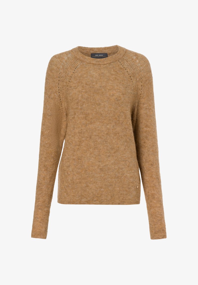 Brauner Strickpullover mit Rundhalsausschnitt, langen Ärmeln und subtiler Textur; verfügt über Raglan-Nähte und ein kleines Logodetail am Saum.