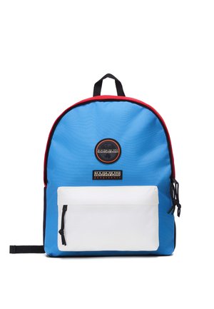 Blue backpack with red trim, black handle, white front pocket, and two Napapijri logo patches on the front.
