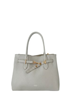 Borsa a mano in pelle grigio chiaro con due manici, chiusura e dettaglio della fibbia in tono oro e testo discreto del marchio al centro davanti.